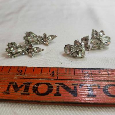 Two Vintage signed Art-Deco Rhinestone Earrings, Clip 1930s one signed Bogoff