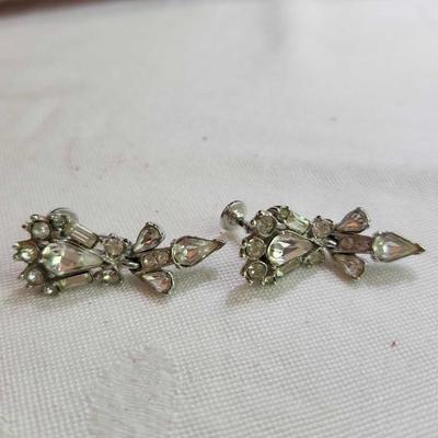 Two Vintage signed Art-Deco Rhinestone Earrings, Clip 1930s one signed Bogoff