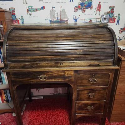 Antique Rustic Wood Child's Student Roll Top Secretary Writing Desk - Kids