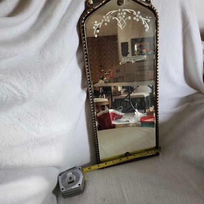 Antique Etched-Beveled Style Mirror Carved Wood/Metal Frame 9 by 21.5