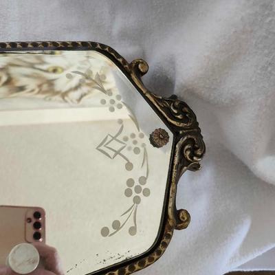 Antique Etched-Beveled Style Mirror Carved Wood/Metal Frame 9 by 21.5