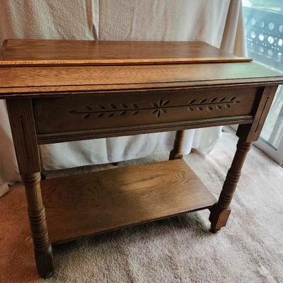Antique Parlor Table Carved Sides Turned Legs Bottom Shelf Oak Wood Solid Side Table Living