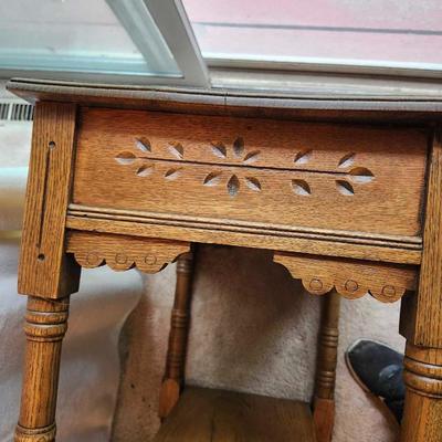 Antique Parlor Table Carved Sides Turned Legs Bottom Shelf Oak Wood Solid Side Table Living