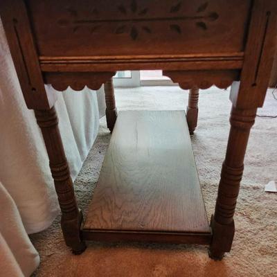 Antique Parlor Table Carved Sides Turned Legs Bottom Shelf Oak Wood Solid Side Table Living