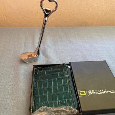 Golf club bottle opener and stronghold wallet
