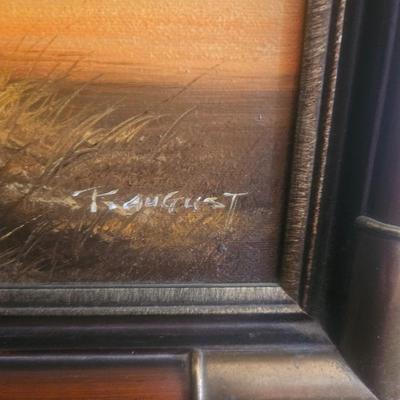 Vintage MCM Wall Art in a Faux Bamboo Frame signed by P Auguste.