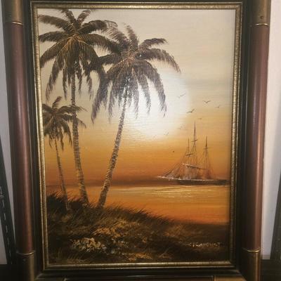 Vintage MCM Wall Art in a Faux Bamboo Frame signed by P Auguste.