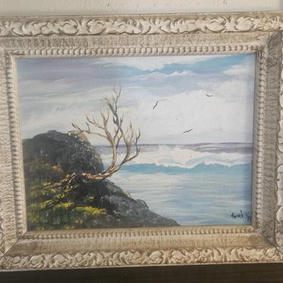 MCM Vintage Painting Seascape White Framed. Signed by Toni Matthews