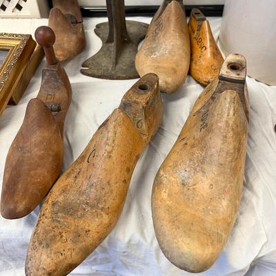 Antique wood Cobblers shoe molds and metal stand