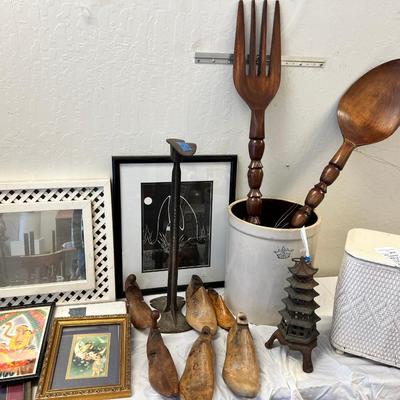 Antique wood Cobblers shoe molds and metal stand