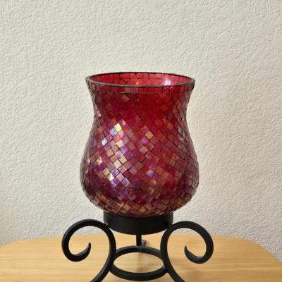 Mosaic Glass Candleholder and 2 Small Vases with Faux Rose