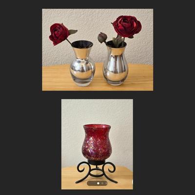 Mosaic Glass Candleholder and 2 Small Vases with Faux Rose