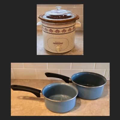 Vintage Crock Pot & 2 Blue Pots