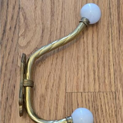 Brass, Blue & White Lamp, Signed Ceramic Pitcher and Ceramic Knob Brass Hooks