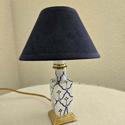 Brass, Blue & White Lamp, Signed Ceramic Pitcher and Ceramic Knob Brass Hooks
