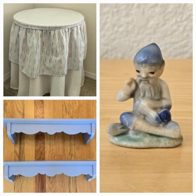Round Side Table, (2) Blue Shelves, and Small Irish Porcelain Figure