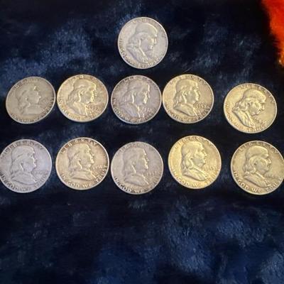 1950-1960 lot of (11) 136.4 grams Benjamin Franklin .50c U S coins SILVER