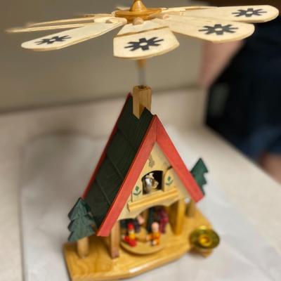 Vintage German Style Wooden Windmill Rotating Carousel w/2 Candle Holders as Pictured.