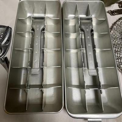 Vintage Lot of Some Fantastic Kitchen Utensils from Roller Pin to Aluminum Ice Cube Trays as Pictured.