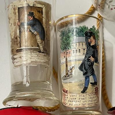 Vintage 1-Wine Flask & 2-German Figural Glasses, & 1-Holiday Stemware as Pictured.