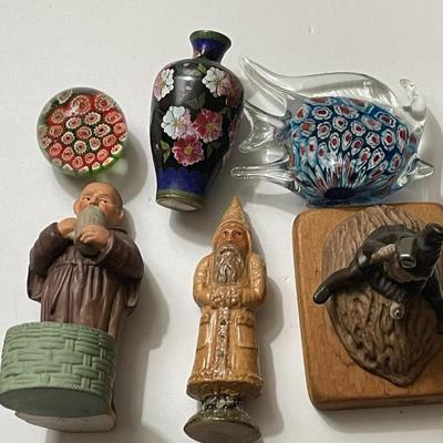 Vintage Lot of 6-Piece Figures & Souvenirs Murano Style Glass, Cloisonne, Etc. as Pictured.