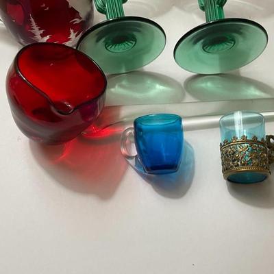 Vintage Glass Lot of 6-Pieces; Art Glass Ladle, Cactus Stemware, Etched Ruby Glass Cup, & 2-Souvenir Blue Glass Shot Glasses as...