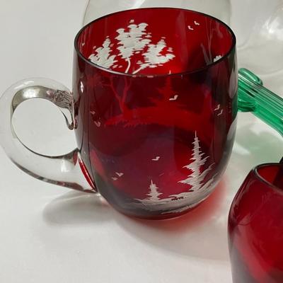 Vintage Glass Lot of 6-Pieces; Art Glass Ladle, Cactus Stemware, Etched Ruby Glass Cup, & 2-Souvenir Blue Glass Shot Glasses as...