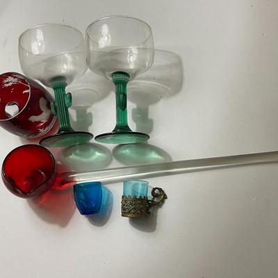 Vintage Glass Lot of 6-Pieces; Art Glass Ladle, Cactus Stemware, Etched Ruby Glass Cup, & 2-Souvenir Blue Glass Shot Glasses as...