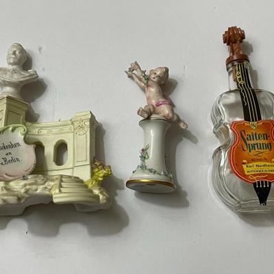Vintage Lot of 3-Pieces; German Bust Bisque Statue, Italian Porcelain Cherub Figure, & Voilin Whiskey Glass Bottle as Pictured.