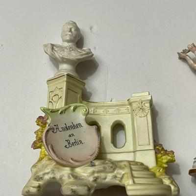 Vintage Lot of 3-Pieces; German Bust Bisque Statue, Italian Porcelain Cherub Figure, & Voilin Whiskey Glass Bottle as Pictured.