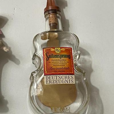 Vintage Lot of 3-Pieces; German Bust Bisque Statue, Italian Porcelain Cherub Figure, & Voilin Whiskey Glass Bottle as Pictured.