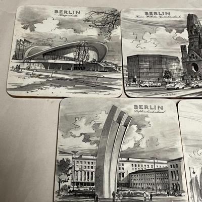 Vintage Set of 5 Berlin Germany Souvenir Cork Coasters in Good Preowned Condition.
