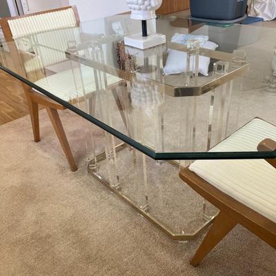 Lucite glass and brass dining table and the style of Charles Hollis Jones