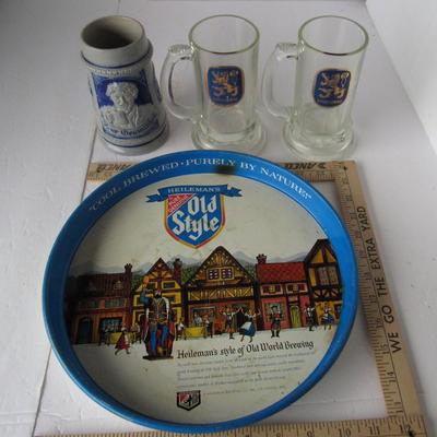 Vintage German Stoneware Stein, Old Style Metal Beer Tray, Lowenbrow Beer Mugs