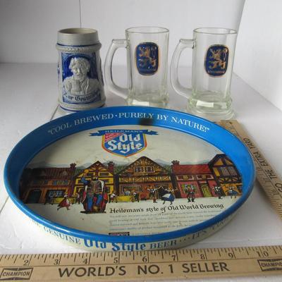 Vintage German Stoneware Stein, Old Style Metal Beer Tray, Lowenbrow Beer Mugs