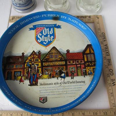 Vintage German Stoneware Stein, Old Style Metal Beer Tray, Lowenbrow Beer Mugs