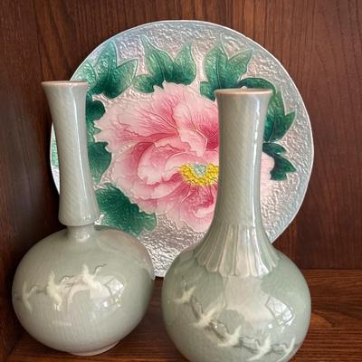 Signed pair celadon vases & ANDO Japanese cloisonné plate