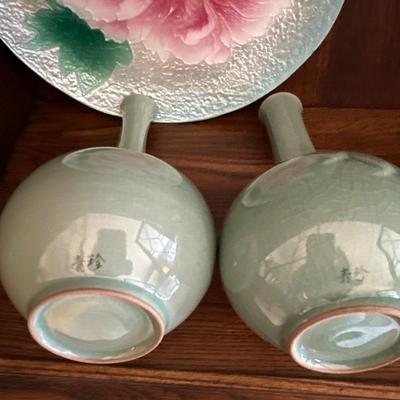 Signed pair celadon vases & ANDO Japanese cloisonné plate