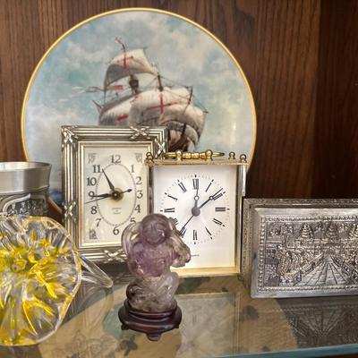 Decorative shelf items clocks, & pewter