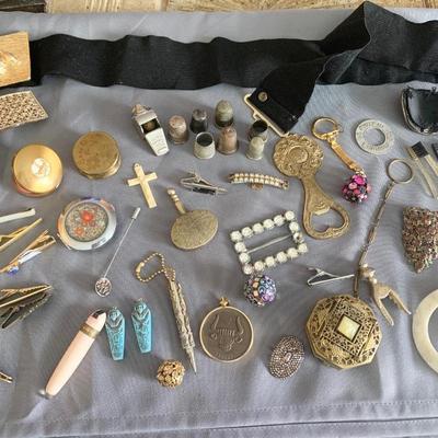 Large Vintage Collectibles Lot Compacts Tie Tacks Shoe Belt Buckles +++