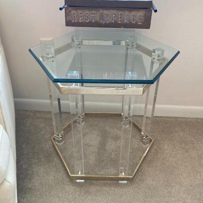 Glass/Brass/Lucite Side Table in the style of Charles Hollis Jones