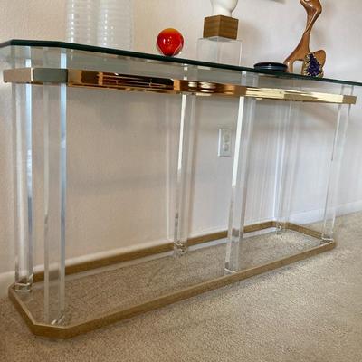 Glass/Brass/Lucite Sofa Table in the style of Charles Hollis Jones