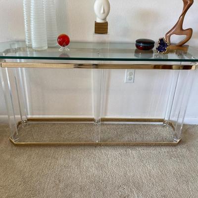 Glass/Brass/Lucite Sofa Table in the style of Charles Hollis Jones