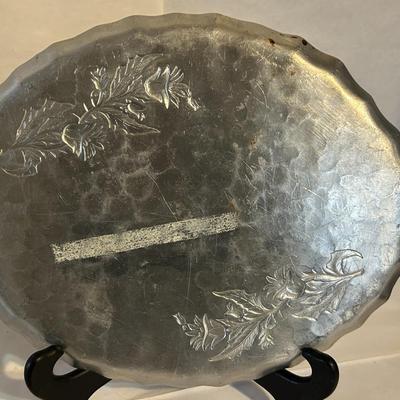Vintage Hammered Aluminum Oval Serving Tray Hand Crafted Floral