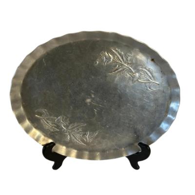 Vintage Hammered Aluminum Oval Serving Tray Hand Crafted Floral