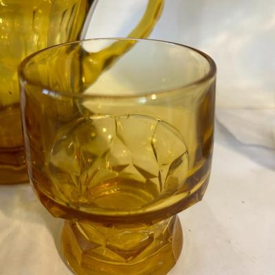1960s Anchor Hocking Mustard Amber Georgian Honeycomb Pitcher and Glasses