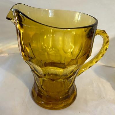 1960s Anchor Hocking Mustard Amber Georgian Honeycomb Pitcher and Glasses