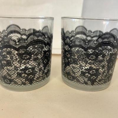 Vintage Pair Gothic Style Glasses Lace Print Drinking 3” Liquor Glass Old Fashioned