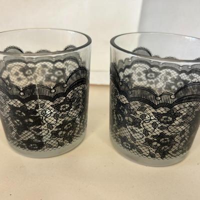 Vintage Pair Gothic Style Glasses Lace Print Drinking 3” Liquor Glass Old Fashioned