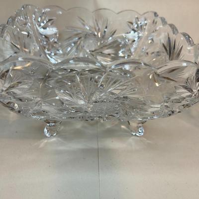 Vintage 1970s Square Crystal Footed BOHEMIAN CZECH Cut Glass Bowl Pinwheels Scalloped Stars Centerpiece